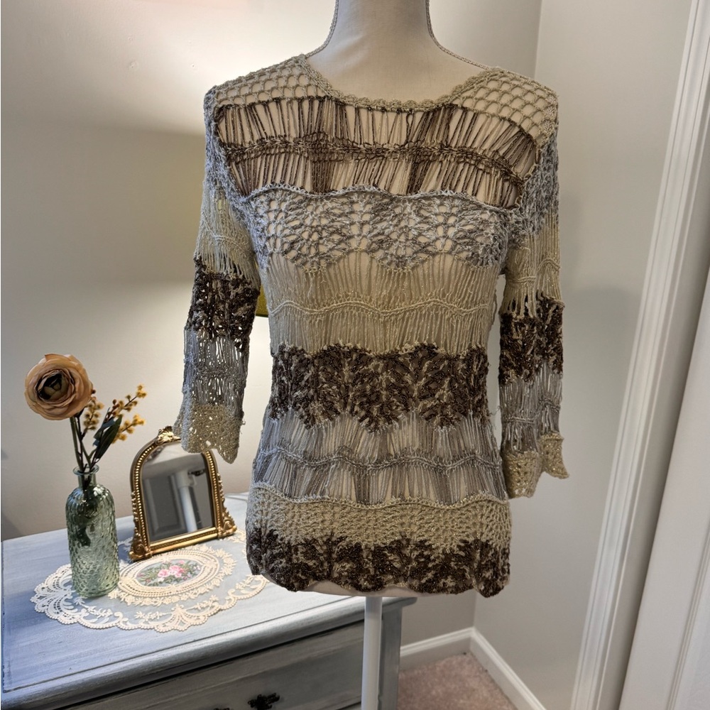 BOSTON PROPER Knit Woven gold tan brown Top - Size xs - Picture 1 of 8